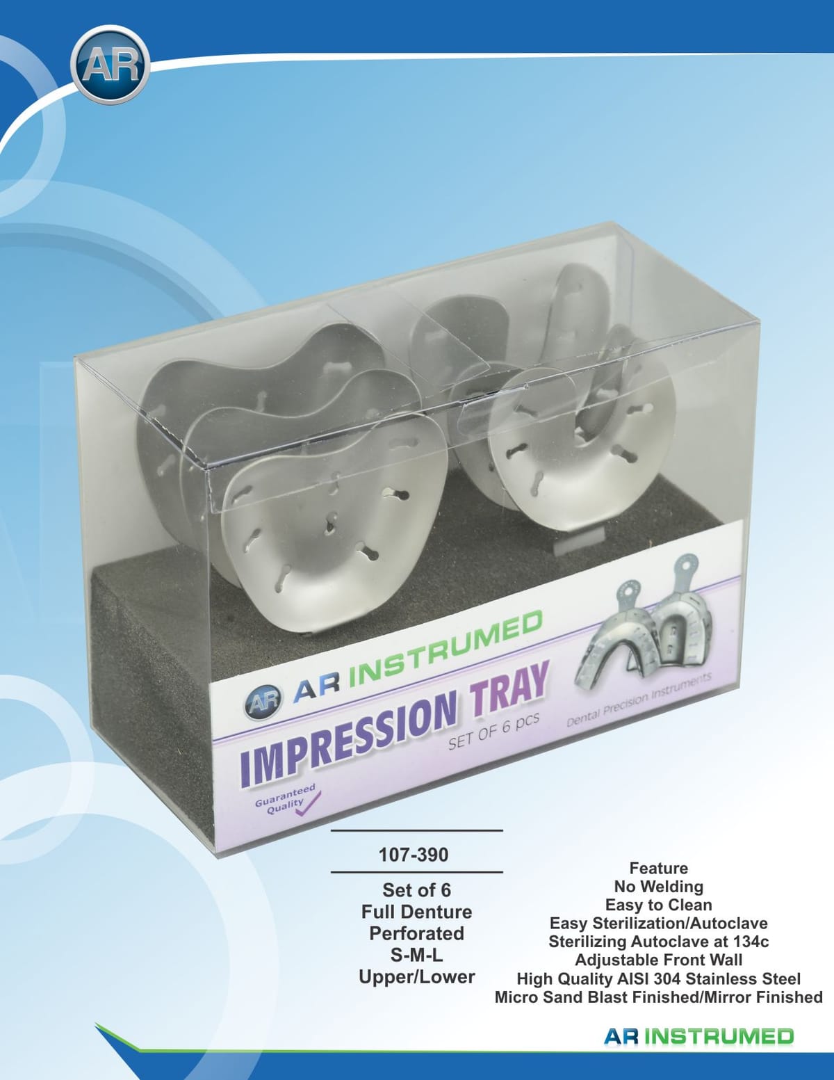 Impression Trays Set of 6 Full Denture Perforated S-M-L Upper/Lower – AR Instrumed, Abdrucklöffel