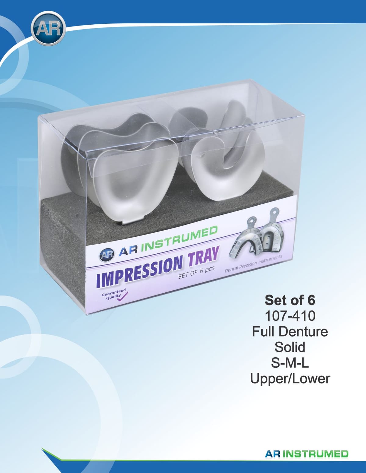 Impression Trays Set of 6 Full Denture Solid S-M-L Upper/Lower – AR Instrumed, Impression Trays