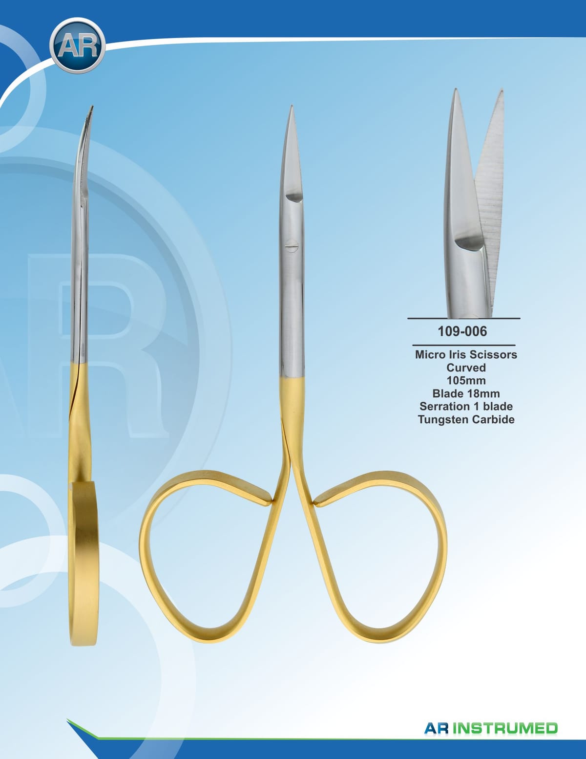 Micro Iris Scissor Curved 10.5cm Blade 18mm Serration 1 Blade – AR Instrumed, Chirurgische Instrumente