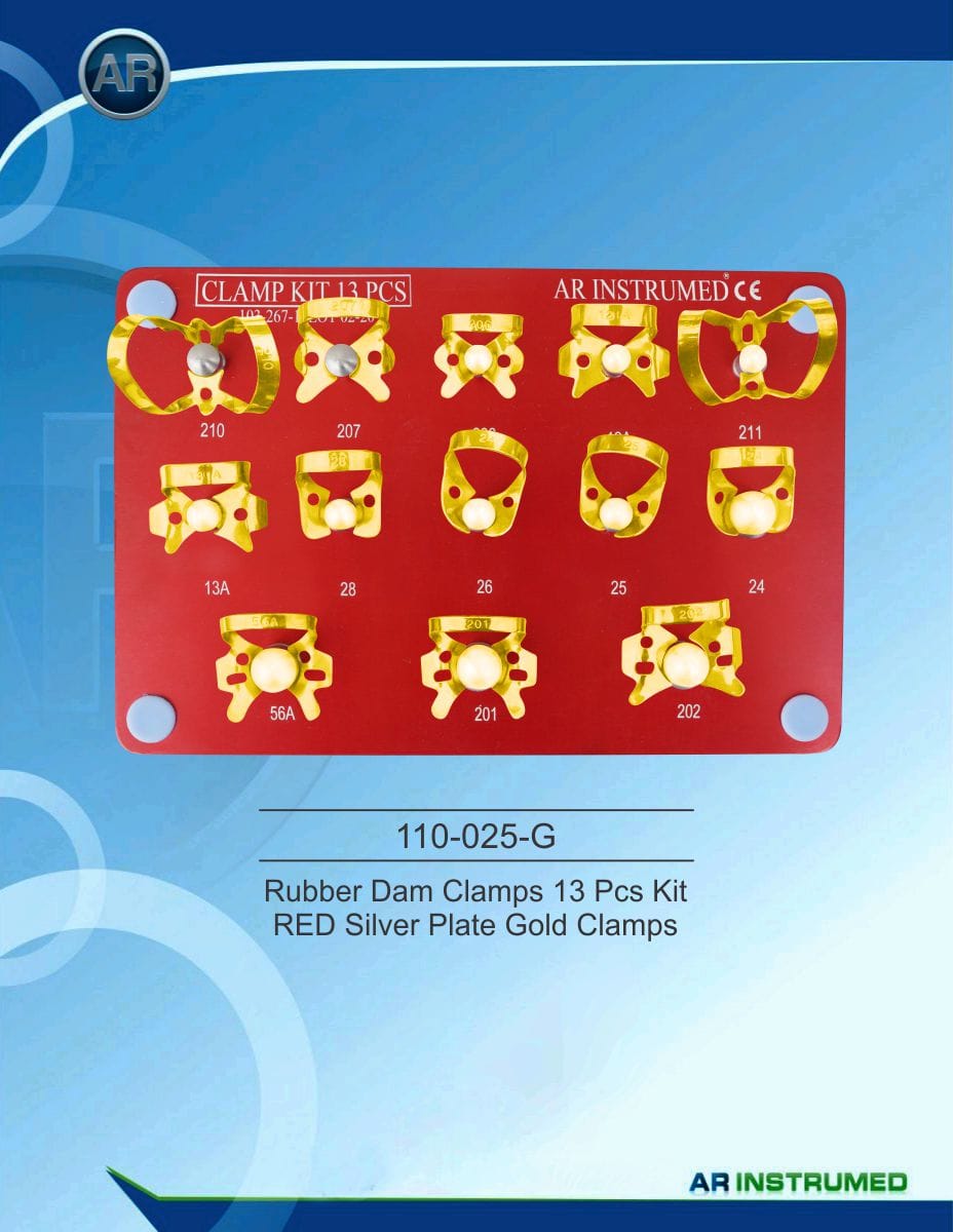 Rubber Dam Clamps 13 Pcs Kit RED Silver Plate Gold Clamps – AR Instrumed, Kofferdamklammern