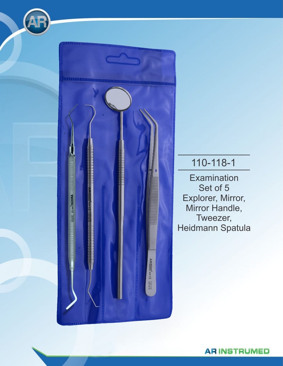 Examination Set of 5 Explorer, Mirror, Mirror Handle, Tweezer, Heidmann Spatula – AR Instrumed, Explorers