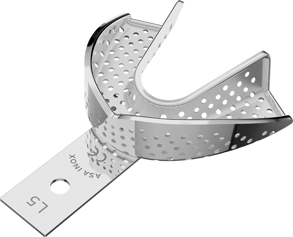 Perforiert, Edelstahl - PERMA-LOCK high grip - größerer Retentionsrand und intern mit Satineffekt, Abformmaterial hält ohne Haftmittel - UK - L 2804S-L5 – ASA Dental S.p.A. Uninominale, Disposable Impression Trays
