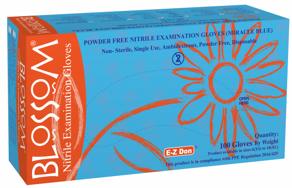 Blossom Miracle Blue EZ Don Nitrile PF Exam Gloves (100/Box)