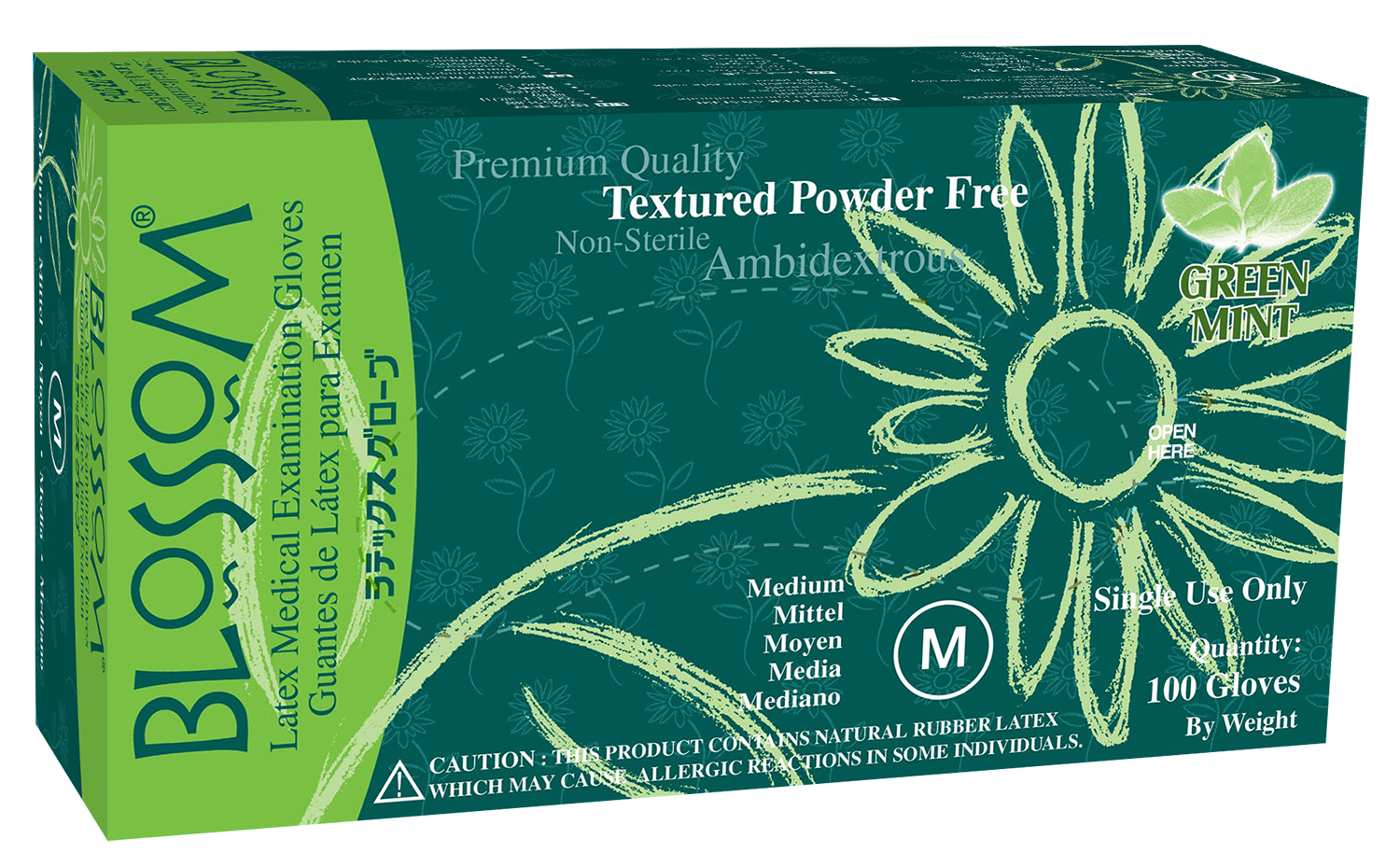 Blossom Green Mint Latex Powder Free Textured Exam Gloves XS