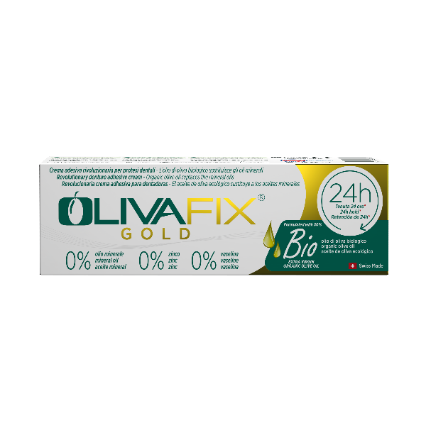 OlivaFix® Gold Haftcreme für Zahnprothesen – bonyf AG, Prothesenkunststoffe