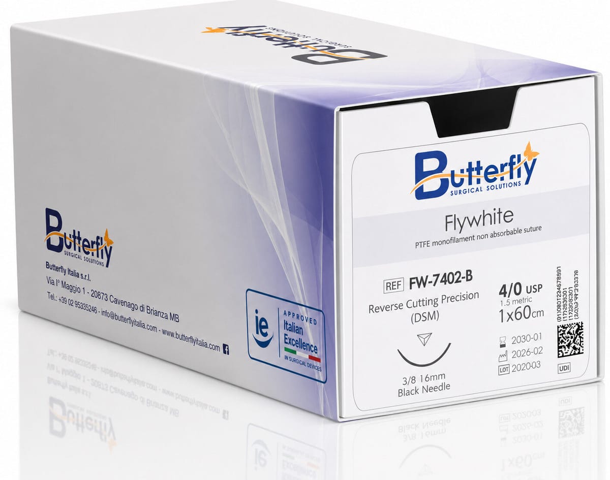PTFE – Flywhite 5/0 / DSM16 - Black | 3/8 circle, reverse cutting premium, 16mm FW-7503-B – Butterfly Italia srl, Nadeln und Fäden