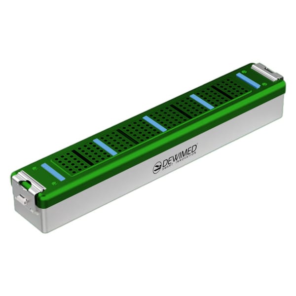 container scopy model with silicone holders, 470 x 82 x 74 mm green perforated bottom and perforated lid 88.512.40