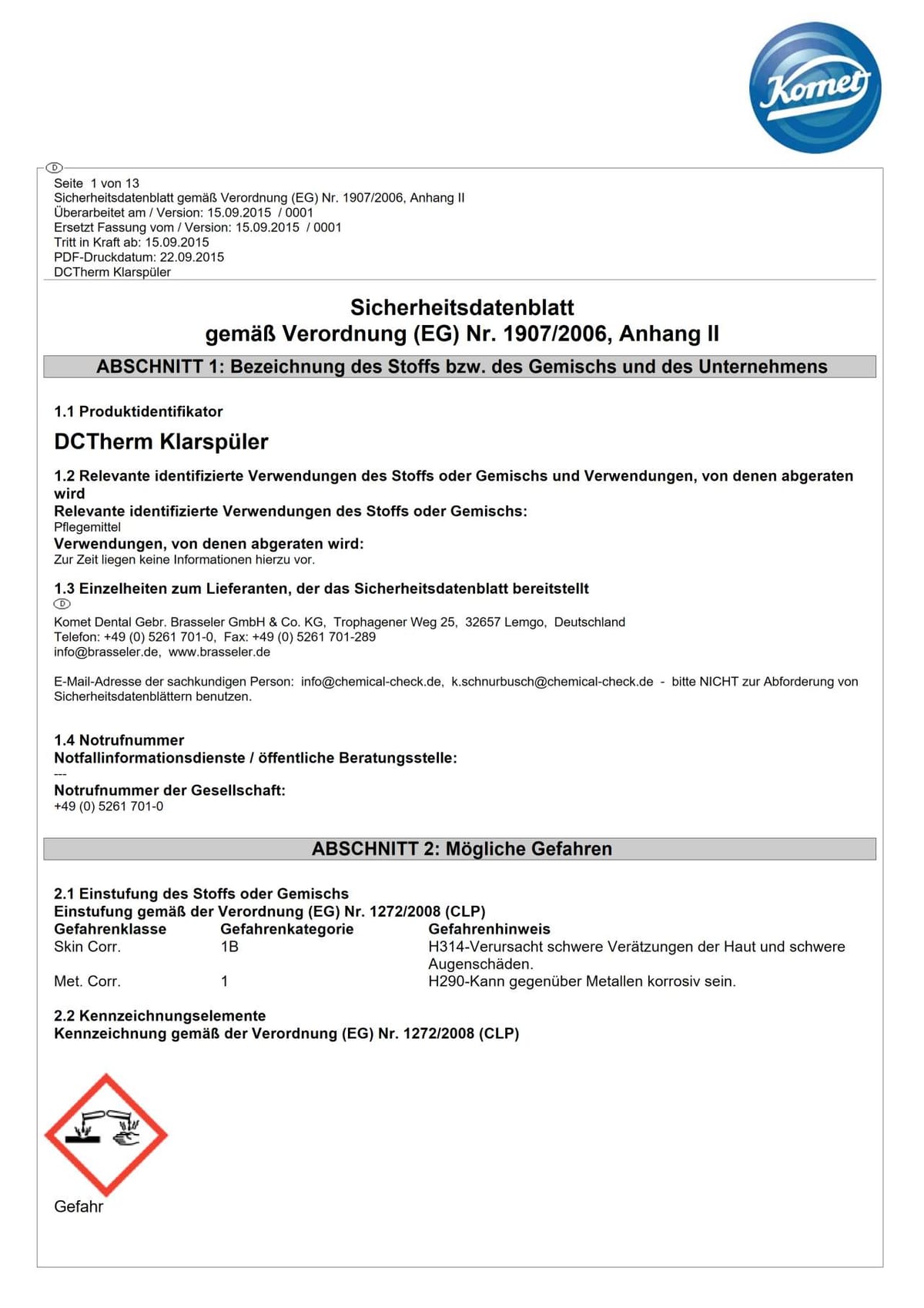 Sicherheitsdatenblatt | DCTherm Klarspüler – Komet Dental, Instrumentendesinfektion