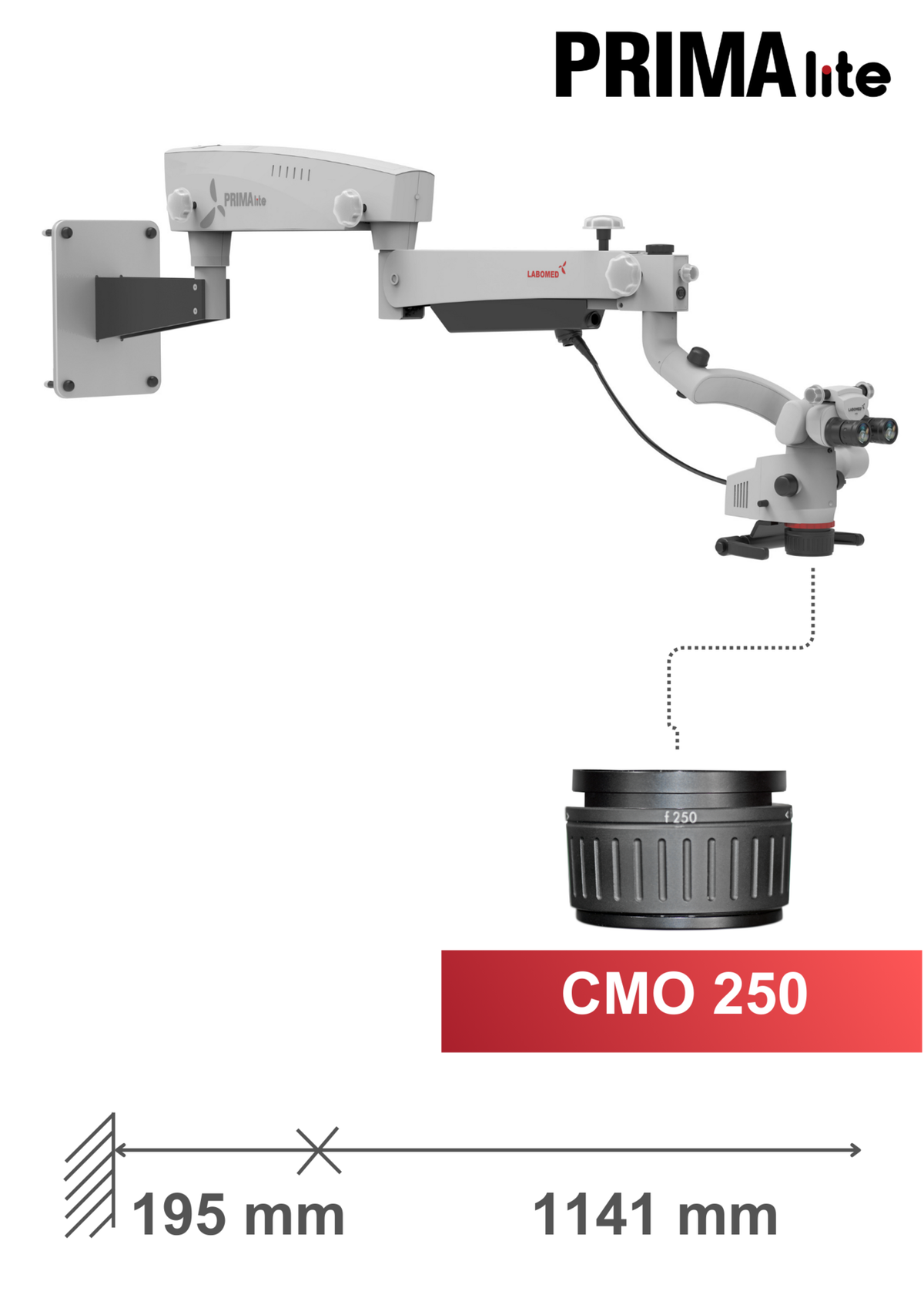 PRIMA lite, wall mount, CMO 250 mm – Labomed Europe b.v., Lupenbrillen und Mikroskope