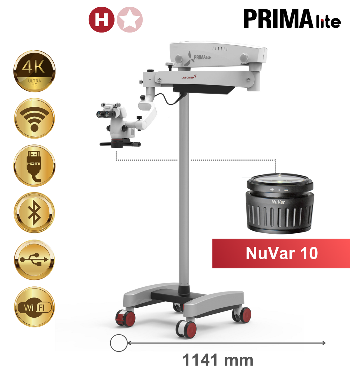 PRIMA lite Premium, vloerstandaard, NuVar 10 – Labomed Europe b.v., Loupes and Microscopes