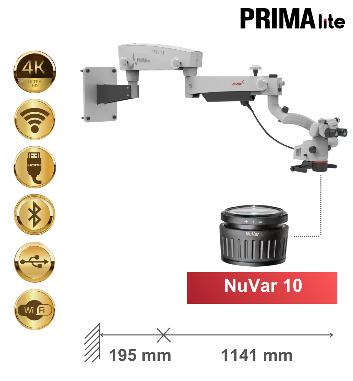 PRIMA lite Premium, wandmontage, NuVar 10 – Labomed Europe b.v., Lupenbrillen und Mikroskope