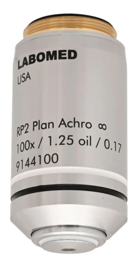 RP series Infinity corrected DIN 100x (spring, oil) Plan Achromatic objective – Labomed Europe b.v., Lupenbrillen und Mikroskope