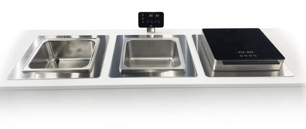 Chaîne d'asepsie MHC TECHNOLOGY composée d'une cuve de trempage, d'une cuve à ultrasons encastrable et d'un sécheur d'instrumentation