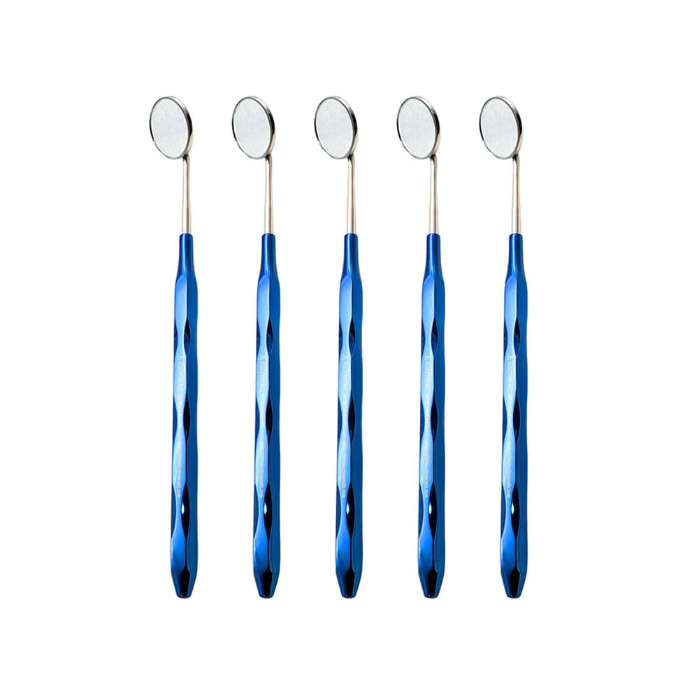 Mundspiegel aus Edelstahl mit blau plasmabeschichtetem Griff, 5er-Set, Frontfläche rhodium-plasmabeschichtet, Konussockel-Gewinde – Precision Dental, Sonden