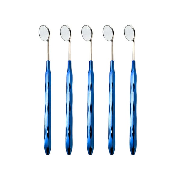 Mundspiegel aus Edelstahl mit blau plasmabeschichtetem Griff, 5er-Set, Frontfläche rhodium-plasmabeschichtet, Konussockel-Gewinde
