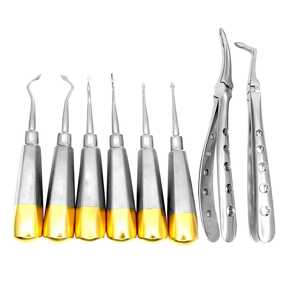 SPADE ROOT TIP KIT – 6 élévateurs et 2 davier de racines – Precision Dental, Root Elevators